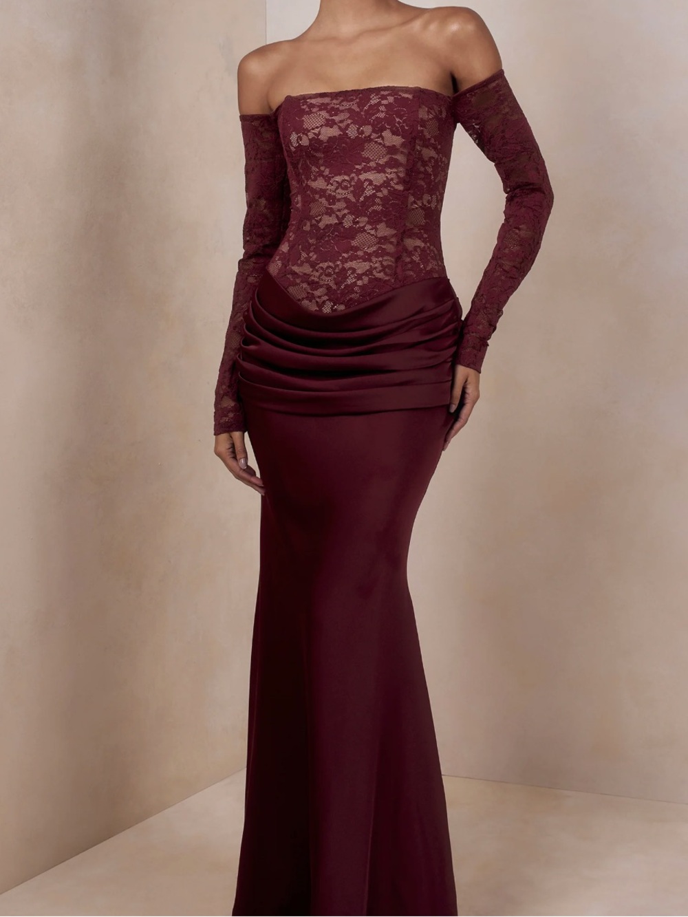 NEVER WORN Club L London Burgundy Lace & Satin Long Sleeve Gown